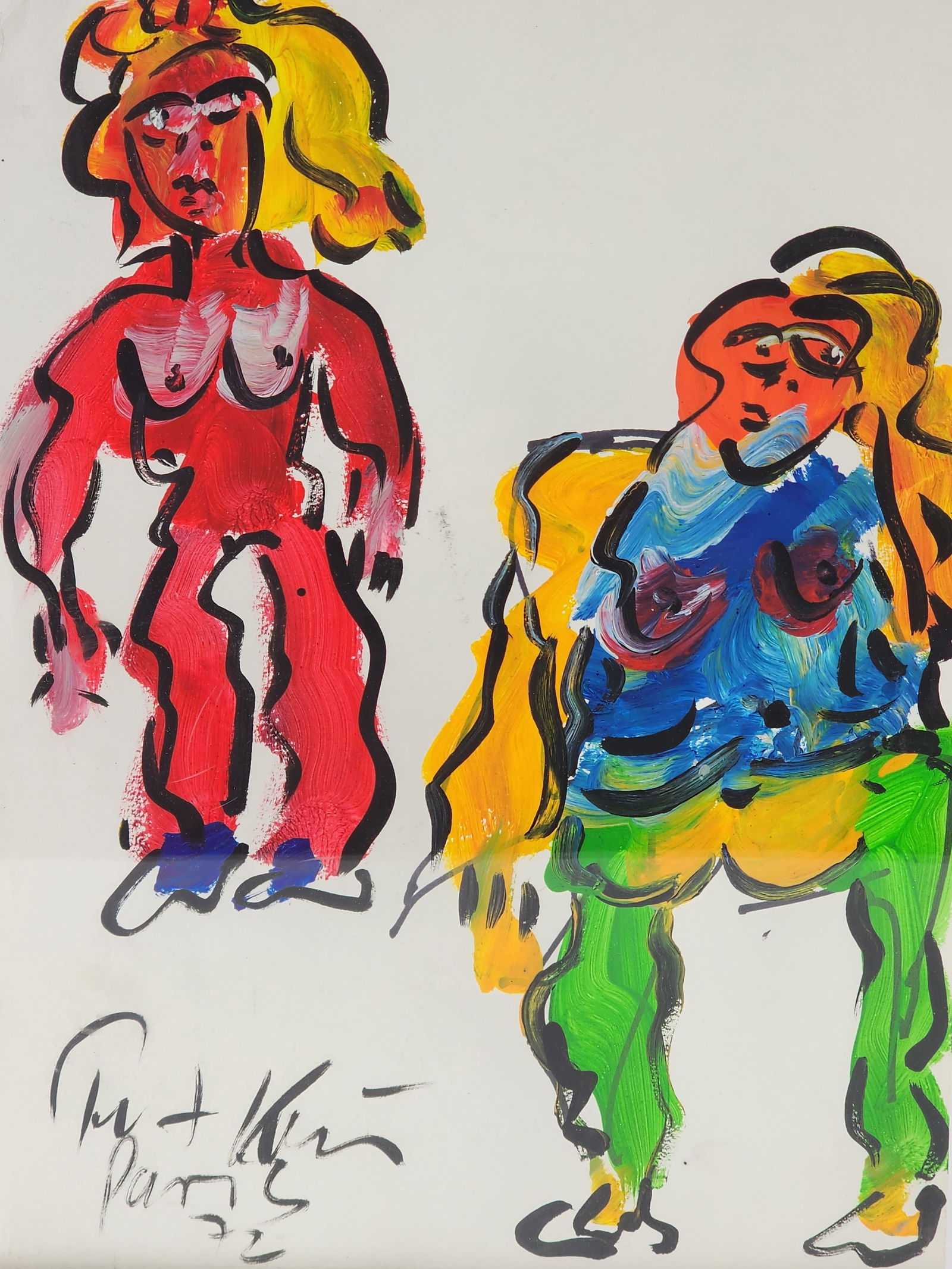 PETER KEIL Nude Art Abstract Signed: Vintage mid century multi color female nude abstract, Paris 1972 signed Peter Keil. Artwork on paper between acrylic lucite with metal stand with certificate. Acquired directly from the Keil art studi