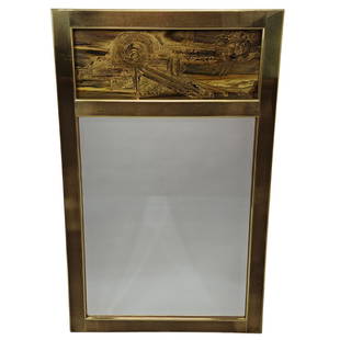 BERNHARD ROHNE for Mastercraft Polished Brass Large Brutalist Mid Century Mirror: Large brass mirror with acid etched metal abstract brutalist design by Bernhard Rohne for Mastercraft. Wood framed backing and beveled edge glass. Measures 31" x 54" total with 25 1/4" x 35 1/4"