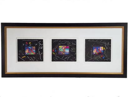 PETER MAX Triptych Silver Series Black Version No. 52, 53, 54: Vintage 1994 signed Peter Max Mixed Media collage on black paper with acrylic, colored pencil and ink. Signed and dated with hand drawn accents around borders. Professionally framed and matted. Measur