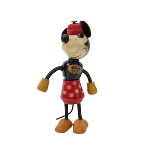 Antique Minnie Mouse Walt Disney Wood Fun-e-Flex 1930s Toy Figure: Wood and metal Minnie Mouse jointed figure. Marked Walt Disney circa 1930s. Measures 3 1/2" x 2 1/8".