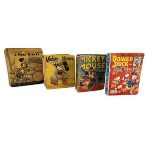 Group of 4 Antique Walt Disney Mickey Mouse Donald Duck Books: Group of hardcover and softcover old Walt Disney books with Mickey Mouse and Donald Duck. Ages range from 1930s to 40s. Measure 3 1/2" to 5" x 5" to 5 1/2".