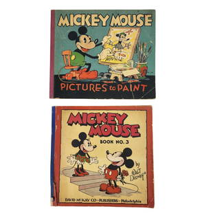 Vintage Walt Disney Mickey Mouse Picture Books 1930s: Early Walt Disney Mickey Mouse 'Pictures to Paint ' & 'Mickey Mouse Book No. 3'. Measures 9 1/2" x 10" and 9" x 10 1/2".