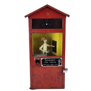 Scoopy Gum Vendor Vintage 1 Cent Gumball Machine, Gaylord Mfg Co: "Scoopy Gum Vendor" bubble gum machine. Gaylord Mfg Co, Detroit Michigan, 1 cent, with baker who scoops gumball out of door then drops it in trough to opening. Measures 19 1/2" tall x 9" wide x 6 3/4"