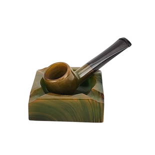 Miniature Bakelite Pipe & Ashtray: Vintage green bakelite miniature pipe and ashtray by unknown maker. Measures (pipe) 2 5/8" & (tray) 1 3/4" x 1 3/4".