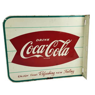 Vintage Coca Cola Green Fishtail Steel Flange Sign: Vintage green stripe, painted steel double sided sign with Coca Cola fishtail logo AM-23 Flange sign. Reads "Enjoy that Refreshing New Feeling". Measures 15 1/2" x 18 1/8".