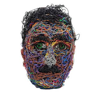 Multi-Color Wire Head Sculpture Modern Art: Vintage modernist head bust sculpture make out of various colors of wire. Depicts a man with mustache by unknown artist. Measures 9" x 6" x 6".