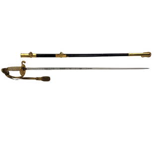 USN United States Navy Sword Pre WWII: Antique United States Navy decorated officer sword for M.M. Pritchett. Brass handle and fittings with USN on handle. Leather sheath and gold tone tassel. Sword by N.S. Meyer with Star of David on base