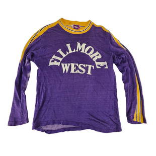 Vintage FILLMORE WEST Jersey Rock N Roll Concert Venue Long Sleeve Shirt: Vintage FILLMORE WEST Purple and Yellow Jersey long sleeve concert worker shirt. Such artists and bands as Jimi Hendrix , Jefferson Airplane, Grateful Dead and many more for concert promoter BIll Grah