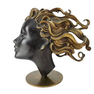 Stylized Woman Bust Bronze Sculpture Signed: Vintage signed F.F. patinated bronze woman with flowing hair sculpture bust. Appears to be from the 1930s, possibly Austrian in origin. Measures 7 3/8" tall x 8 1/4" wide with 3 7/8" diameter base.