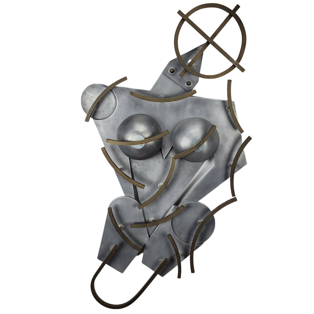 Thomas Mann (American, New Orleans, 20th Century) Mixed Metal Wall Sculpture, Torso Series No. 1: Vintage Post Modern 1992 Thomas Mann mixed metal figural wall sculpture titled "Torso Series No. 1". Signed and dated on backside. Steel and brass or bronze construction. Post Modern lines of a textur