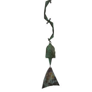 Mid-Century Italian Paolo Soleri Brutalist Wind Chime: Vintage patinated bronze Soleri bell wind chime. Stamped on side with copper pendulum ornament. Measures 21 1/2" long total with 2 5/8" x 3 1/2" bell and 5" copper ornament.