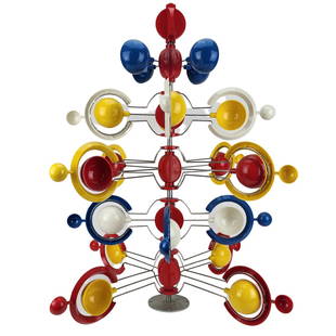 "Energy Pyramid" Modern Wind Sculpture: Vintage modern kinetic wind propelled sculpture modeled after a larger version originally by Cesar Manrique in Lanzarote Spain. Unique colorful hard plastic and metal sculpture produced in Germany. Me