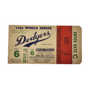 1956 World Series Game 6 Ticket Stub, Jackie Robinson Last Hit: Vintage 1956 World Series Baseball Ticket for game 6 where Jackie Robinson had his last hit. Measures 2 1/4" x 4 3/8"