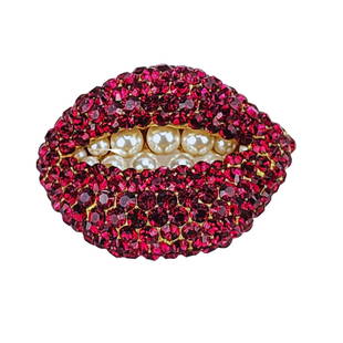 Vintage Salvador DALI by Joies Lips Brooch: Vintage Salvador DALI by Joies gold plated faux ruby and pearl lip mouth shape brooch pin. Measures 1 1/4" x 1 3/4".