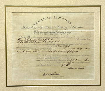 1861 ABRAHAM LINCOLN Signed Appointmet Document, Hospital for the Insane: Important document signed by President Abraham Lincoln, also signed by Secretary of the Interior Caleb B. Smith. President Lincoln appoints Phineas Densmore Gurley to be a visitor of the Government Ho