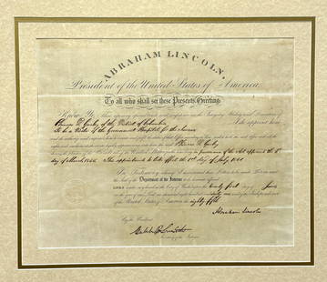 1861 ABRAHAM LINCOLN Signed Appointment Document, Hospital for the Insane: Important document signed by President Abraham Lincoln, also signed by Secretary of the Interior Caleb B. Smith. President Lincoln appoints Phineas Densmore Gurley to be a visitor of the Government