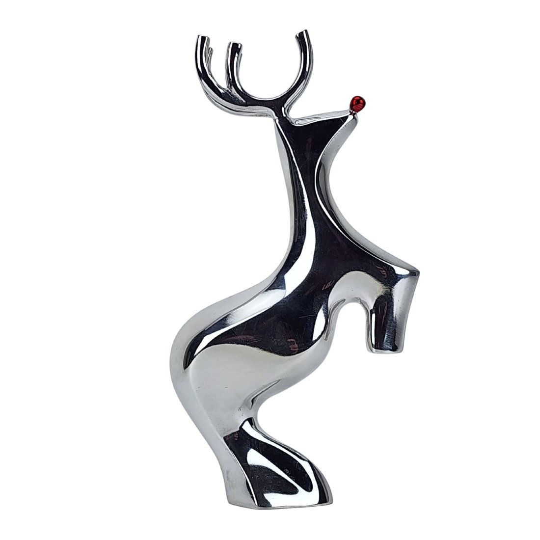 Alvaro Uribe for Nambe Aluminum Rudolph Reindeer Sculpture: 2013 Modern aluminum Rudolph the rednosed Reindeer stylized Christmas sculpture designed by Alvaro Uribe for Nambe. Measures 9 3/4" x 5 1/2"