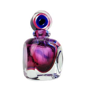 Fifth Avenue Crystal Perfume Bottle: Vintage 5th Avenue perfume bottle in crystal glass. Purple, pink, blue and clear glass. Measures 6 1/2" x 3 1/4" x 3 1/2".