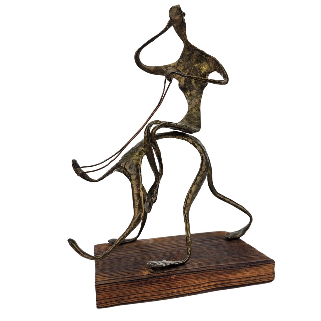 RON CRABBE 'The Good Horse' Mexican Bronze Modernist Sculpture: Stylized nude woman riding on a man's back with leash bridal by Ron Crabbe, titled "The Good Horse". Mexican bronze signed on bottom with original label. Sculpture is removable from base. Measures 11 