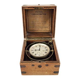 Antique Waltham Marine Chronometer Ships Clock: Antique 1924 8 Day chronometer by Waltham with brass fittings and wood box. All original. 15 jewel movement. Measures 5 1/8" x 4 7/8" x 4 7/8" with 2 7/8" dial.