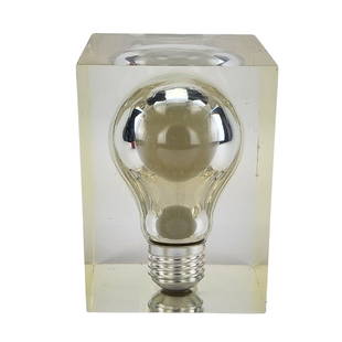 Pop Art Floating Light Bulb in Lucite Sculpture by Pierre Giraudon: Vintage 1970's lucite sculpture with light bulb inside by Pierre Giraudon. Glows in the Dark with a phosphorescent inside. Measures 3" x 3" x 4 1/8"