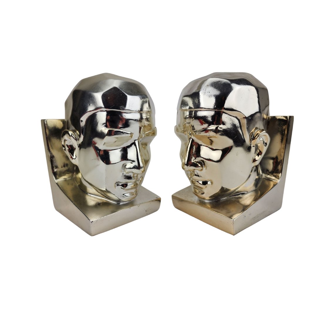 Modern Silvertone Stylized Cubist Bust Bookends (1 of 6)