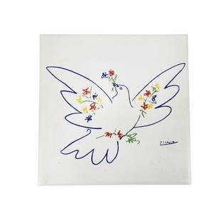 Pablo Picasso Peace Dove w/Flowers Art Tile Villarreal Castellon Spain: Vintage Terra Cotta Picasso Dove art tile with printed signature by Villarreal Castellon of Spain. Measures 7 7/8" x 7 7/8"