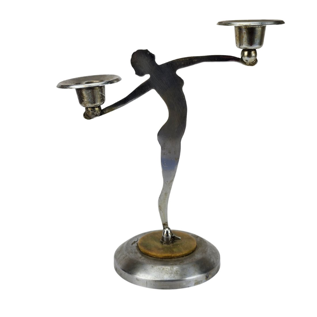 Vintage Art Deco Table Top Nude Woman Candle Holder: Art Deco nightclub tabletop nude woman silhouette metal and onyx ring base candle holder. Holds standard taper candles. Measures 9" x 7 1/2" x 4".