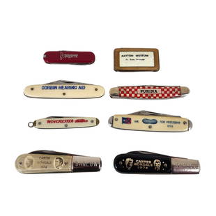 Group of 8 Vintage Advertising Presidential Estate Pocket Knives, Jimmy Carter, Purina & Winchester: 2 Barlow Carter/Mondale 1976 knives Mr. Peanut for President with old Georgia Flag Purina 3 blade Checkered logo Winchester Colonial Corbin Hearing aid Frost Cutlery Patton Museum Fort Knox pearl twin