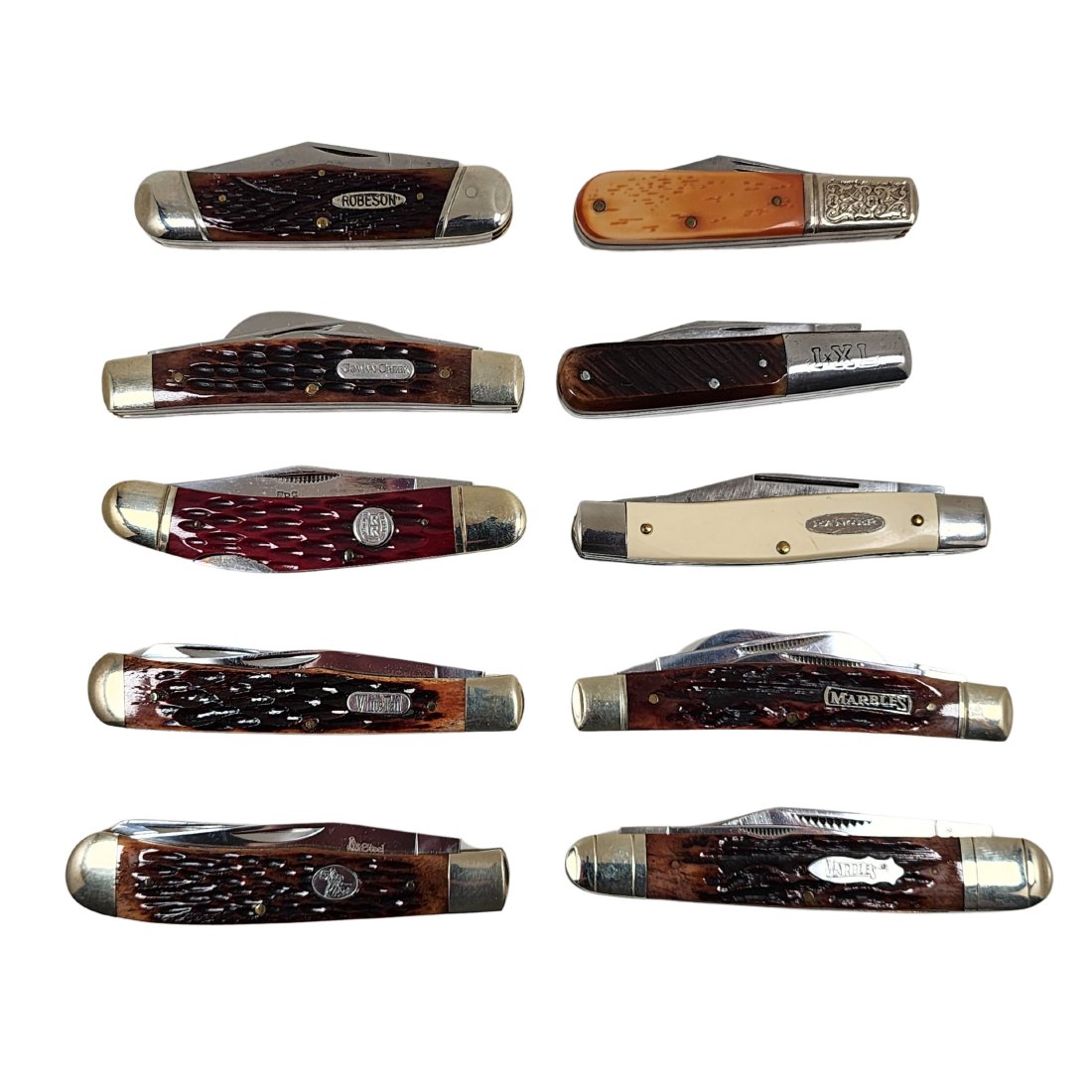 Estate Pocket Knife Lot of 10: Lot of 10 pocket knives including: SSC 2 blade George Wostenholm Sheffield I-XL 2 blade Robeson Shur-Edge 3 blade Ranger white bone 3 blade Marbles 4 blade Marbles 3 blade Rough Rider redbone handle W
