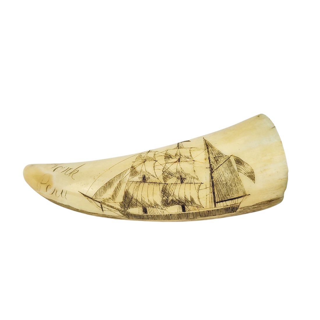 Antique 19th Century Scrimshaw Whale Tooth Clipper Ship: 19th century scrimshaw shipwreck scene signed Bark Peru referring to the Barque 3 mast ship SV Star of Peru 1863 sold to American company in 1892. Measures 4" x 1 1/2".