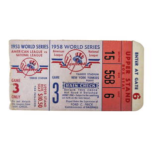 1958 World Series Game 3 Ticket Stub, New York Yankees vs Milwaukee Braves: Vintage 1958 World Series Game 3 Ticket Stub, New York Yankees vs Milwaukee Braves Measures 2 1/4" x 4 1/4"