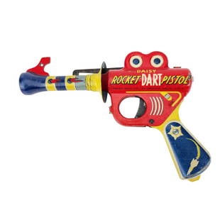 Daisy Rocket Dart Pistol Tin Toy Ray Gun Pistol: Vintage 1950's Daisy futuristic raygun tin toy pistol. Measures 7 3/4" x 5".