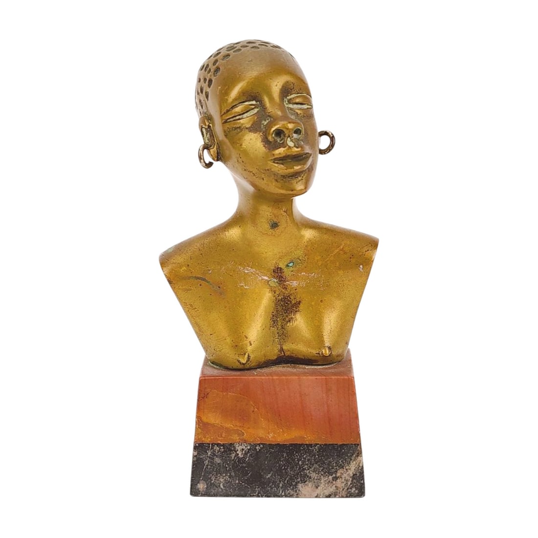 Vintage African Bronze Nude Woman Bust Sculpture: African bronze nude woman bust mixed stone base sculpture by unknown artist. Measures 6" x 3" x 1 3/4"