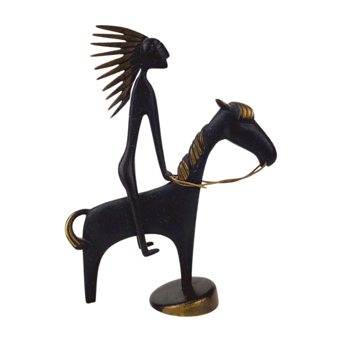 Franz Hagenauer Native American Indian Riding Horse Bronze Sculpture: Vintage Austrian bronze Native American Indian Chief on Horseback sculpture by Franz Hagenauer. Stamped on bottom. Measures 5 1/2" x 3"