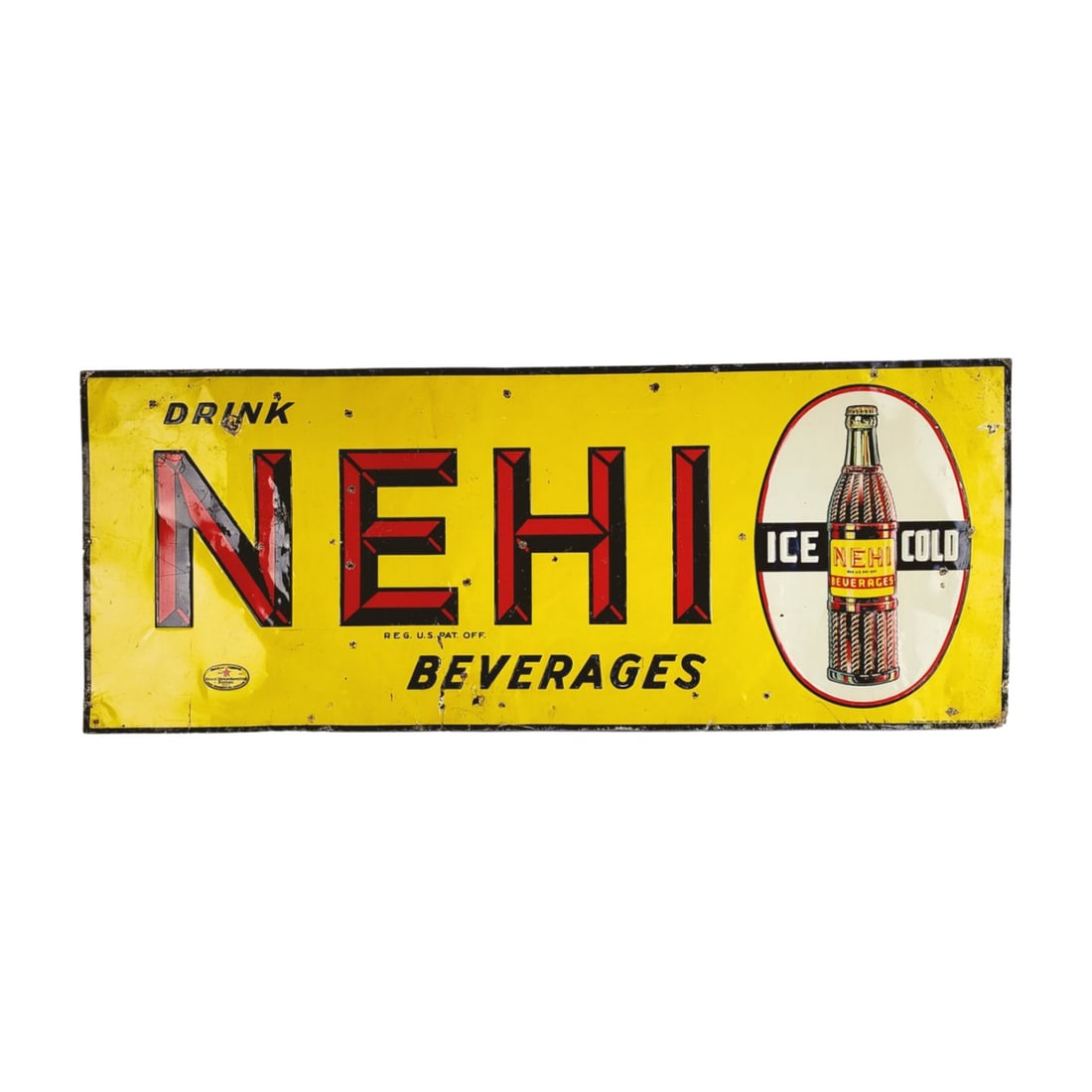 Nehi Metal Tin Soda Advertising Sign: Vintage Nehi metal tin sign soda advertising single sided by the Donaldson Art Sign Co. of Covington, KY. Measures 11 3/4" x 29 3/4"