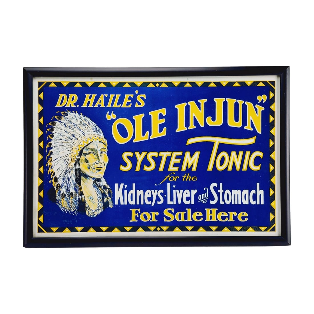 Dr. Halie's "Ole Injun" System Tonic Advertising Print: Vintage quack medicine tonic advertisement for Dr. Halie's "Ole Injun" print framed. Measures 14 3/4" x 21 5/8" total.