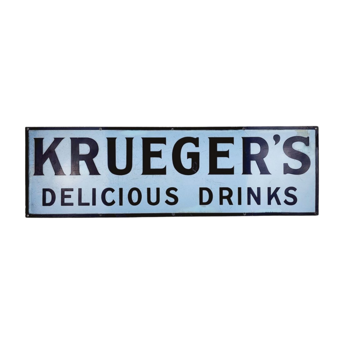 Krueger's Delicious Drink Vintage Porcelain Advertising Sign: Vintage blue porcelain one sided advertising sign for Krueger's Delicious Drink. Measures 12 1/8" x 39 1/8"