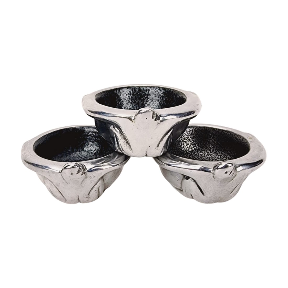Carrol Boyle South African Artist Aluminum Modernist Ramekin Bowls: Vintage aluminum stylized modernist ramekin bowls with nude figures by South African designer Carrol Boyle, signed. Measures 1 1/4" x 2 5/8" each x 3