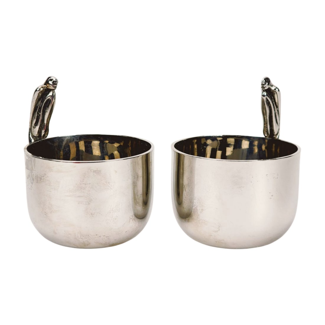 Carrol Boyle South African Artist Steel Modernist Ramekin Bowls: Vintage steel stylized modernist ramekin bowls with nude diving figures by South African designer Carrol Boyle, signed. Measures 4 1/8" x 3 1/8"