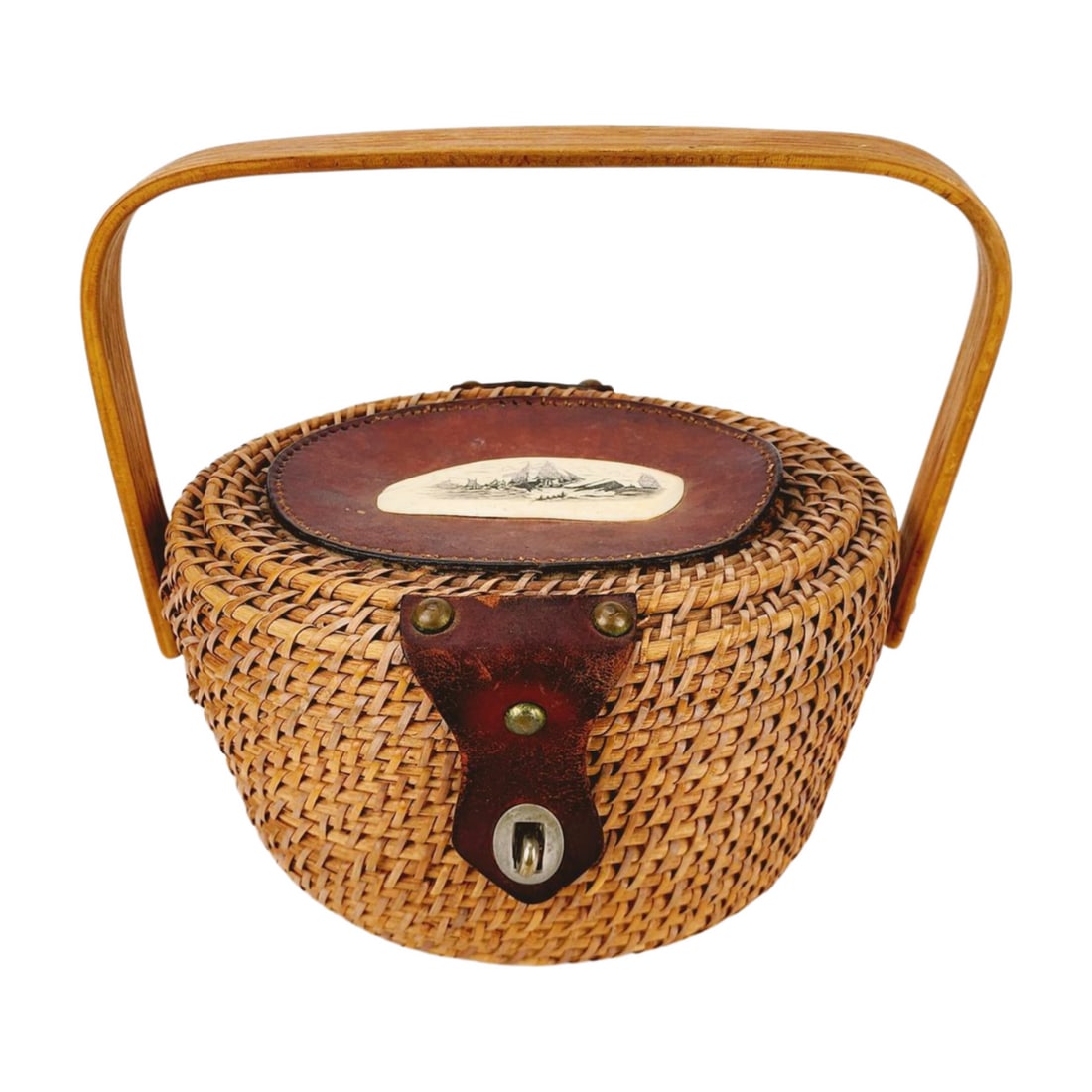 Nantucket Friendship Woven Basket Leather Scrimshaw Whaling Ship Folk Art: Antique Nantucket friendship woven basket with leather top and scrimshaw cabochon of a Whaling Ship, 19th century. Measures 10" x 9" x 8" with 4 1/4" drop wood or bamboo handle.