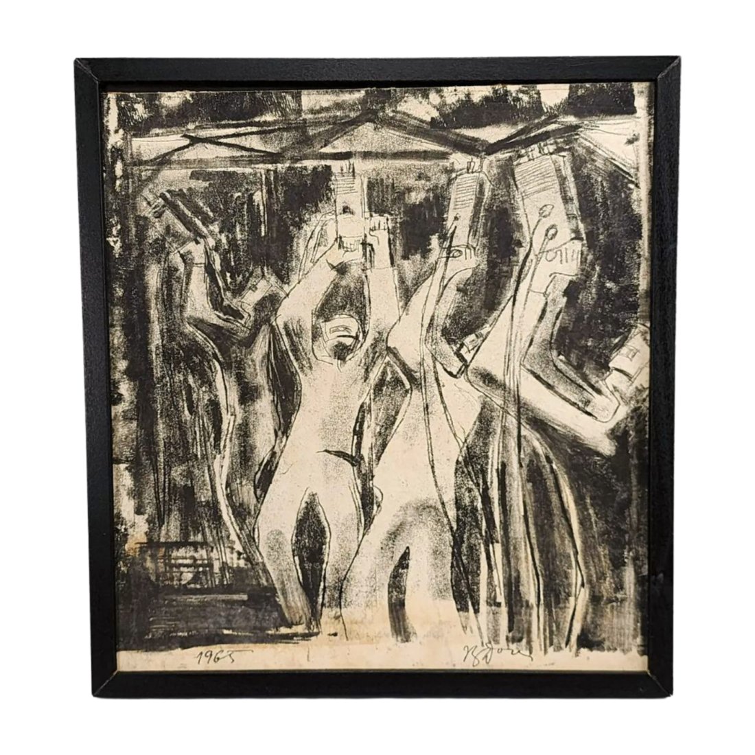 1965 Modernist Factory Workers Mixed Media on Board Signed (1 of 6)