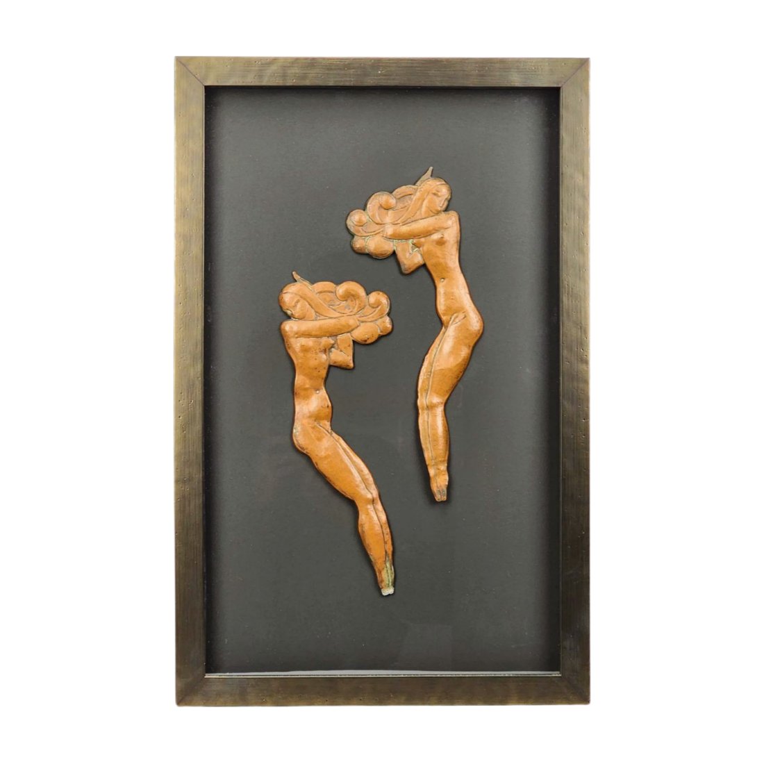 Nude Female Art Deco Copper Relief Wall Sculptures: Pair of copper nude art women mounted in professionally framed shadow box. Appear to be from the Art Deco era. Unknown designer or maker. Measures 15 3/4" x 24 1/4" x 1 1/2" thick and 4" x 12" each co