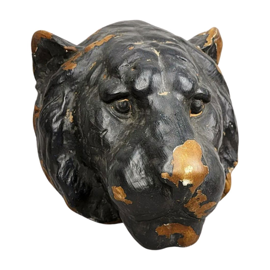 Antique Plaster Ceramic Lioness Lion Head Wall Sculpture: Antique Cermic or Plaster Lioness head wall sculpture in black and gold. Measures 10" x 16" x 16".