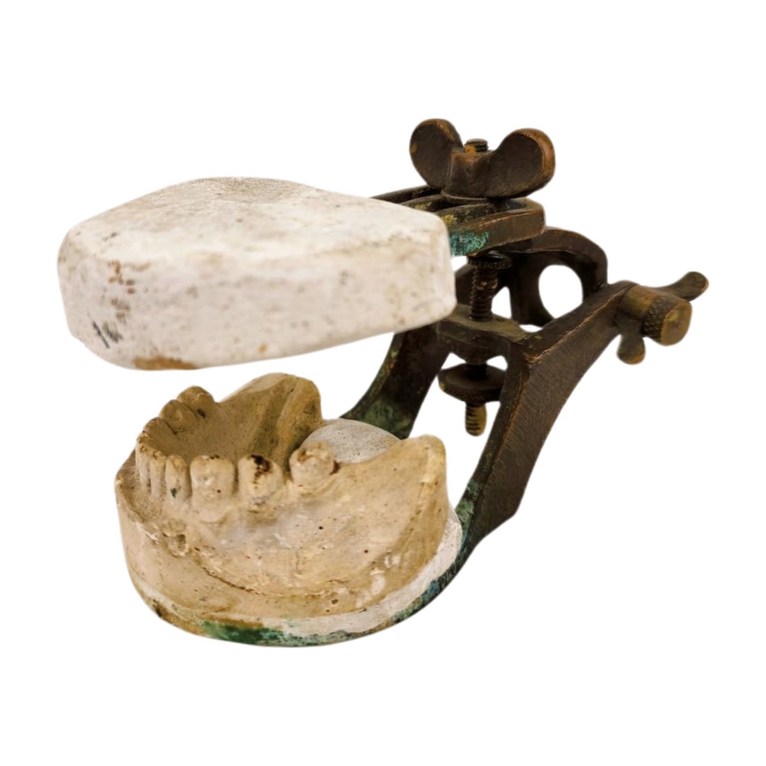 Antique 1880s Cast Bronze Dental Articulator Mold: Early Dental articulator or preparing false teeth and molds. With plaster teeth specimens. Measures 3" x 4 1/2".