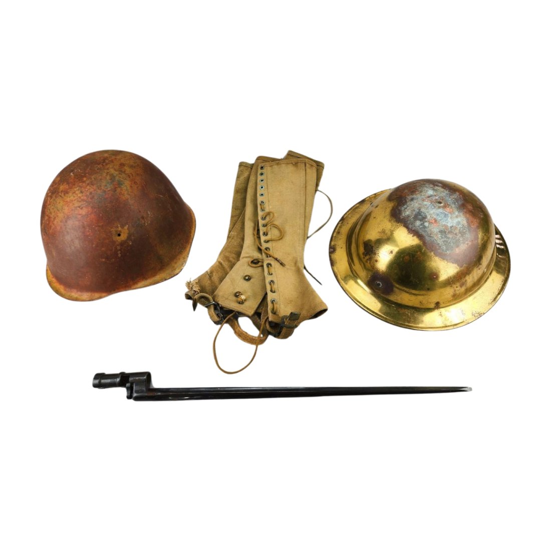 Vintage WWI & WII Military Helmets, Boot Spats & Bayonet (1 of 5)