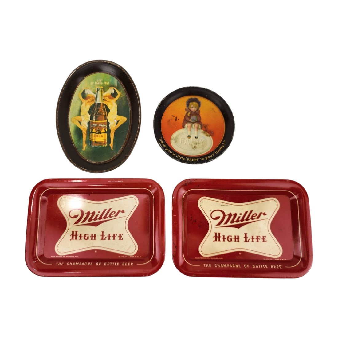 Lot of 4 Vintage Metal Tip Trays Miller, Fairy Soap & Royal Crown Cola (1 of 5)