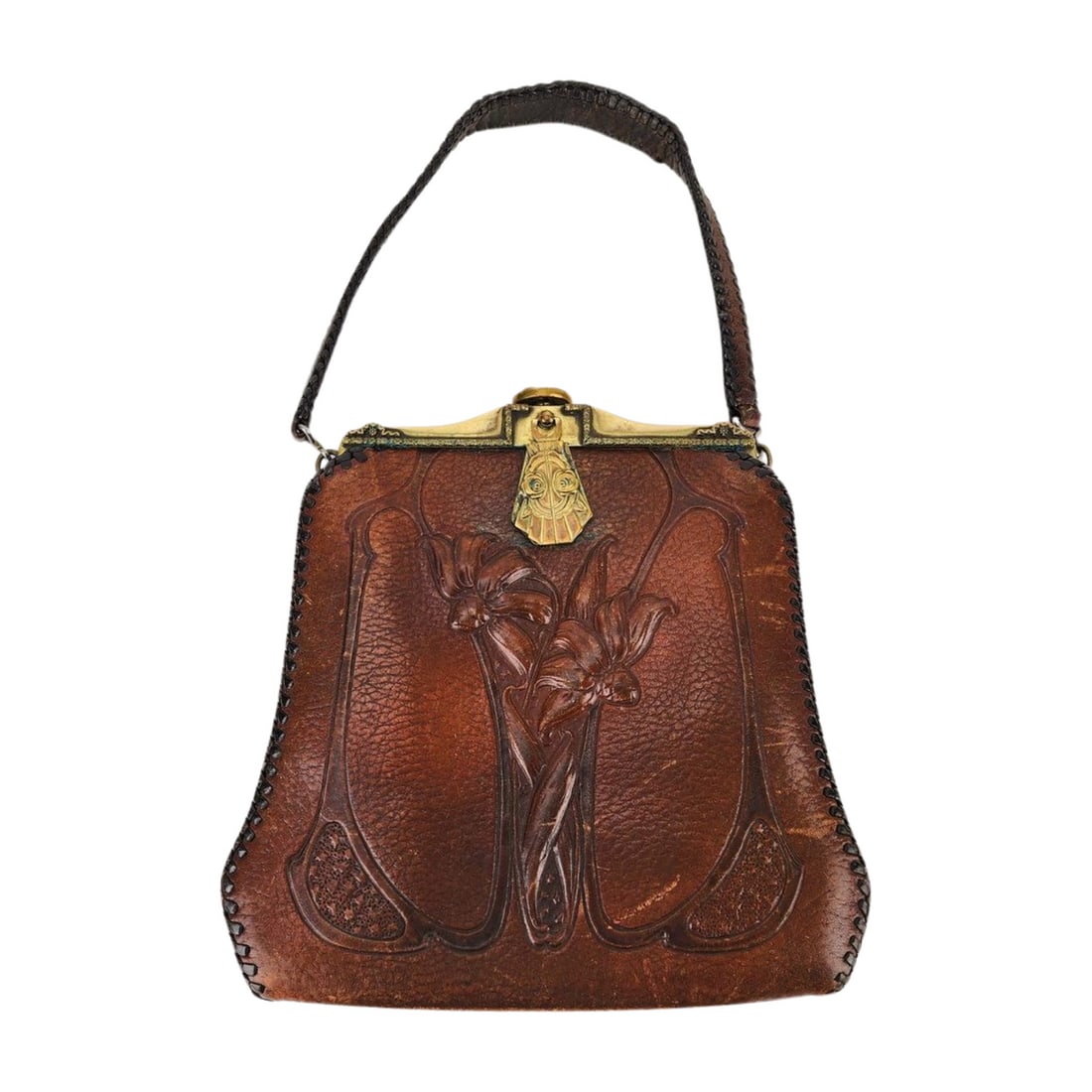 Jemco Art Nouveau Leather Handbag Purse: Antique early 20th century leather handbag purse by Jemco with original mirror. Measures 7" x 7" with 4" drop.