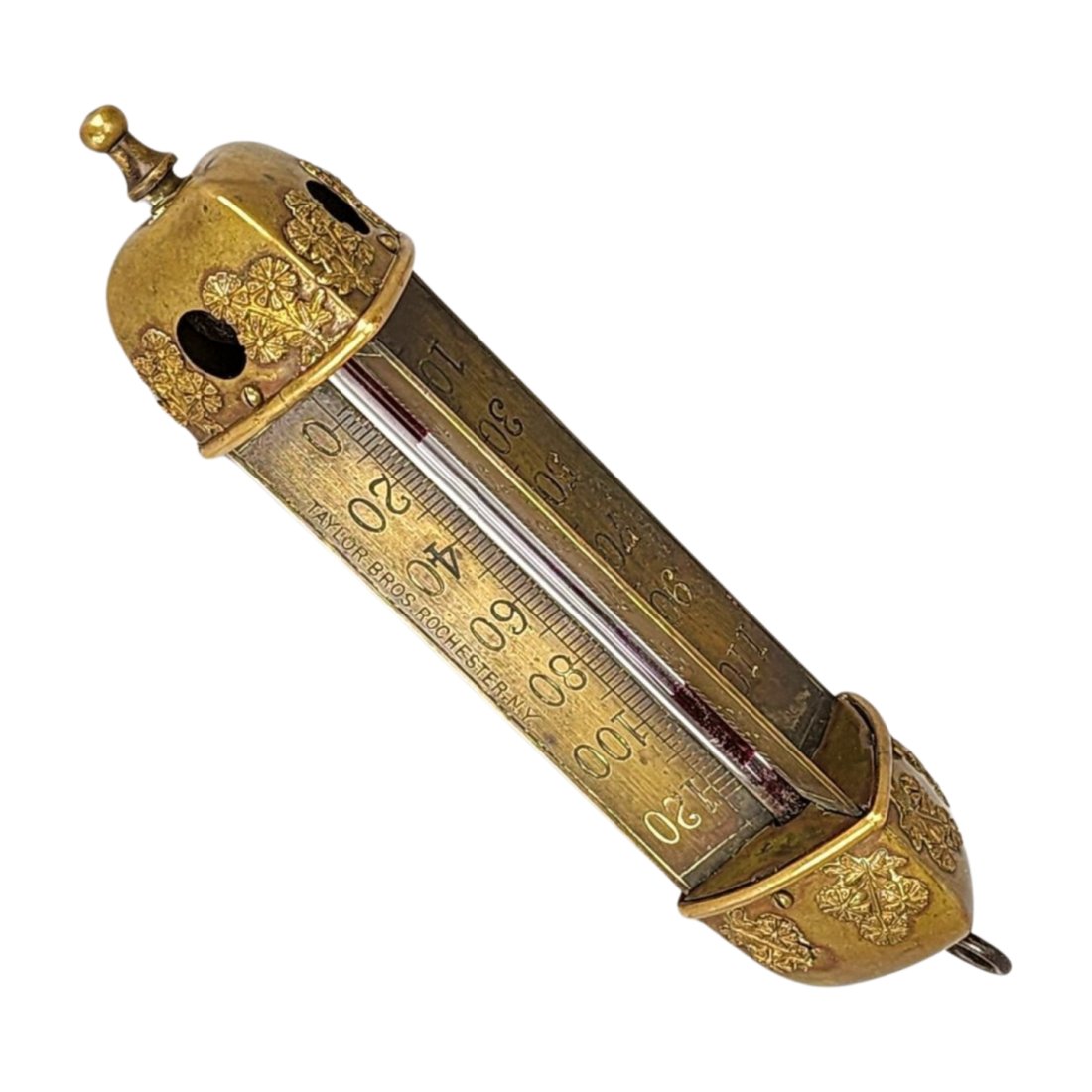 Ornate Brass 19th Century Hanging Thermometer: Ornate brass encased 1880's tri-faced hanging thermometer with floral reliefs. Measures 7 1/2" x 2"