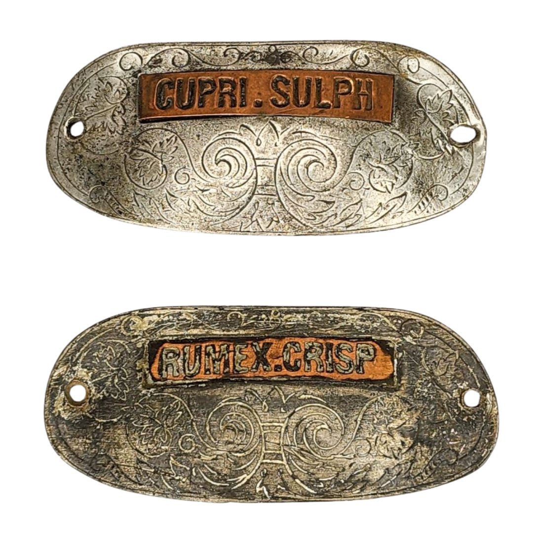 Two Antique Metal & Copper Drug Store Drawer Pulls: Two antique drawer pulls for drugstore in metal and copper (Cupri. Sulph & Rumex Crisp). Measure 4" long each.